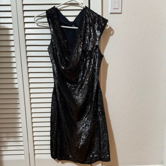 All Saints Spitafields cowl neck asymmetrical ahoulder black sequin dress - Picture 3 of 5